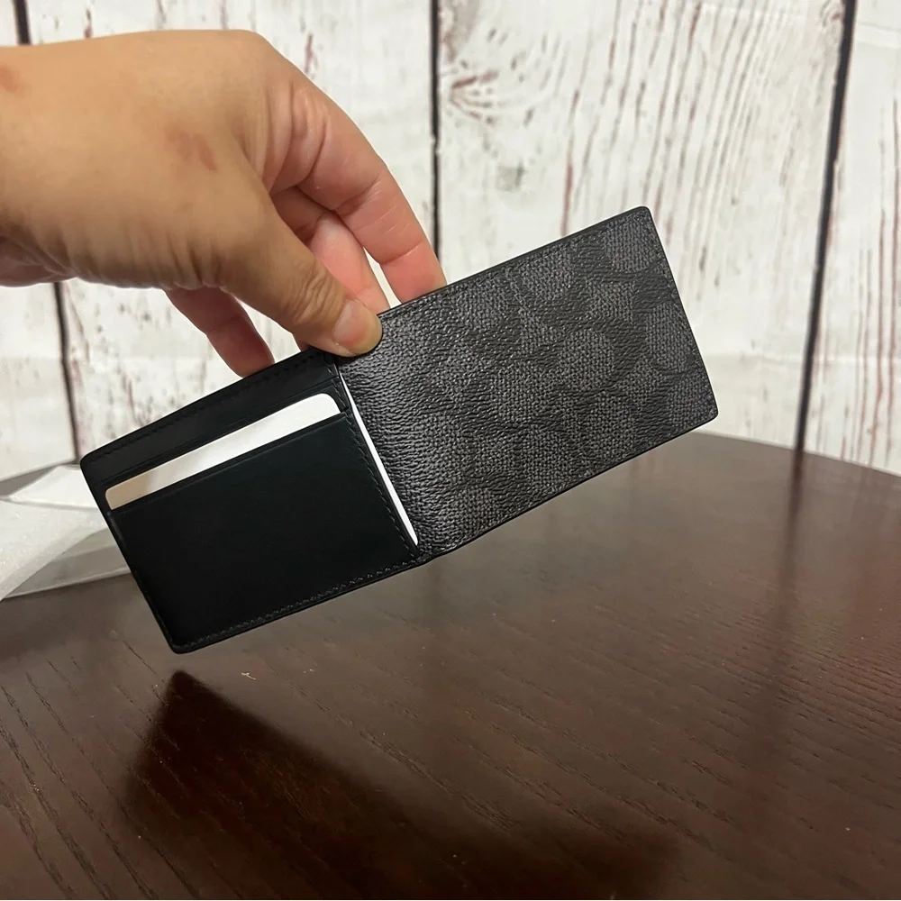 Coach Compact Billfold Wallet In Signature Canvas charcoal/black